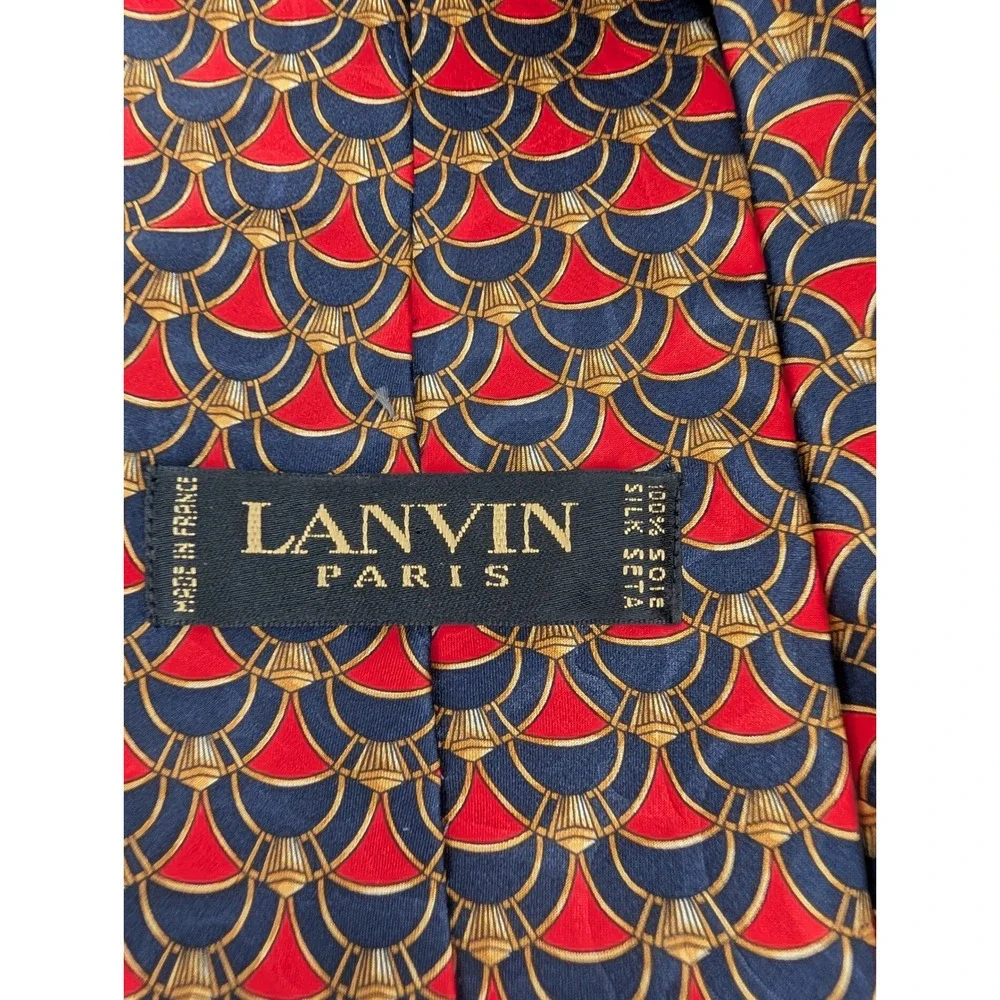 Lanvin Paris Silk Necktie Mens VTG Red Blue Gold Art Deco Scallop Made in France